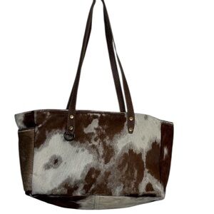 Myra Bag Brown Fawn White Cowhide Hairon Double Handle Bag BLEMISH